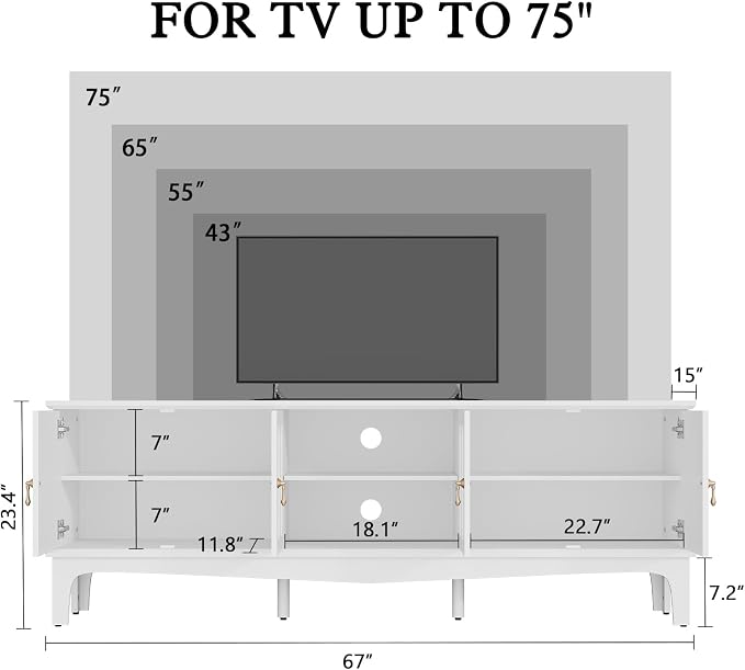 ARTPOWER 67“ Vintage TV Stand for TVs up to 75”, Modern Entertainment Center with Door Cabinets and Open Shelves, Media Console with Storage, White TV Credenza for Living Room, Bedroom - Image 6