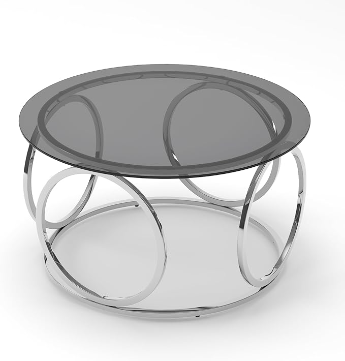 32" Tempered Glass Round Coffee Table Modern Chrome Frame Ring Base Single-Layer Circle Living Room Center Tables