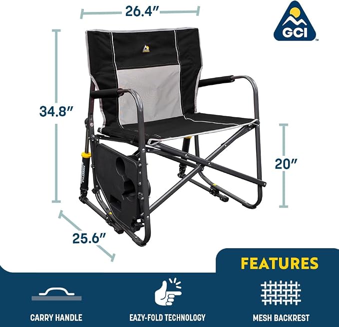 GCI Outdoor Freestyle Rocker XL with Side Table Camping Chair | Portable Folding Rocking Chair with Solid, Durable Armrests, Drink Holder & Comfortable Backrest — Black - Image 3