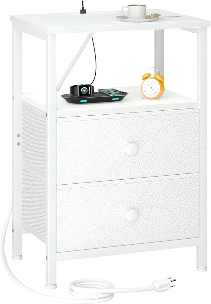 LOAKEKEL Night Stand with Charging Station, Small Bedside Table with 2 Fabric Drawers, Nightstand with USB Ports & Outlets for Bedroom, White, HETS020WT-1 by LOAKEKEL