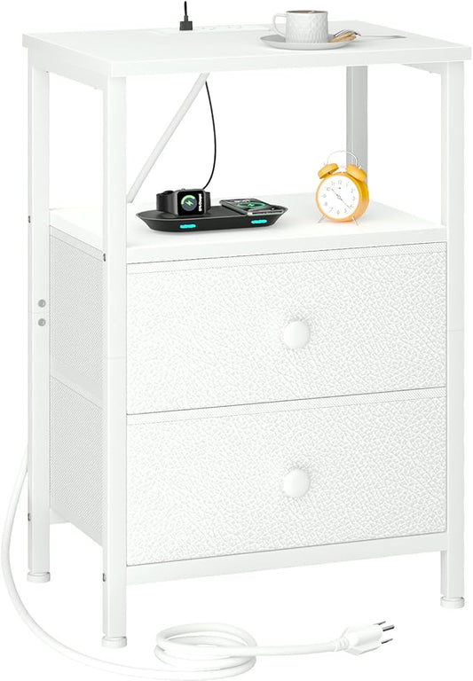 LOAKEKEL Night Stand with Charging Station, Small Bedside Table with 2 Fabric Drawers, Nightstand with USB Ports & Outlets for Bedroom, White, HETS020WT-1 by LOAKEKEL