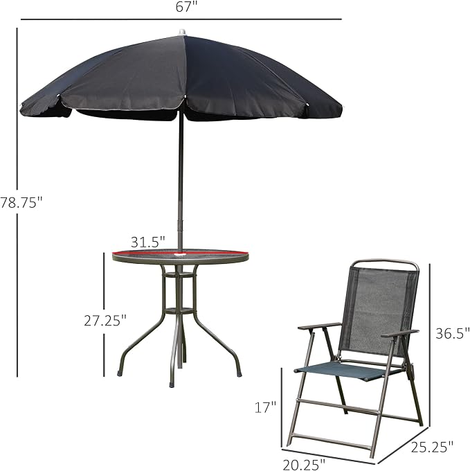 Outsunny 6 Piece Patio Dining Set for 4 with Umbrella, Outdoor Table and Chairs with 4 Folding Dining Chairs & Round Glass Table for Garden, Backyard and Poolside, Black and Coffee - Image 7