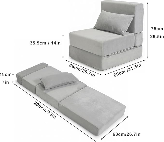 Folding Sofa Bed, Convertible Sleeper Chair with Pillow, Foldable Mattress & Back Support, Portable Floor Lounger Futon for Apartment, Dorm, Living Room, Bedroom, Grey