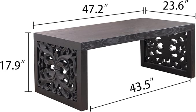 Rectangular Coffee Table with Handcrafted Ornate Side Panels, Rustic Center Table with Solid Wood Veneered, Farmhouse Tea Table for Living Room Office Apartment,47.2" L x 23.6" W x 17.9" H