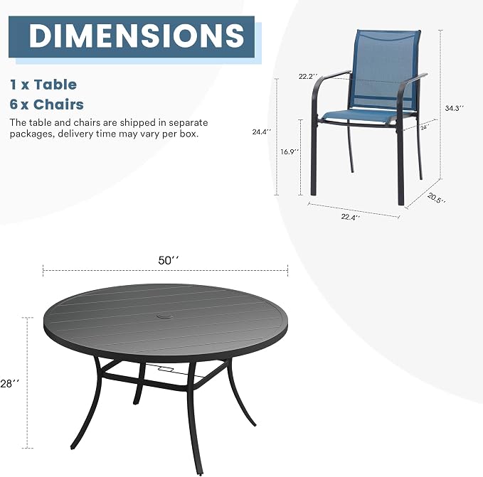 DIFY Patio Dining Set for 6, 7 Piece Outdoor Table and Chairs Set, 50" Black Round Metal Patio Dining Table and 6 Blue Textilene Stackable Patio Chairs, for Backyard Garden Poolside - Image 8