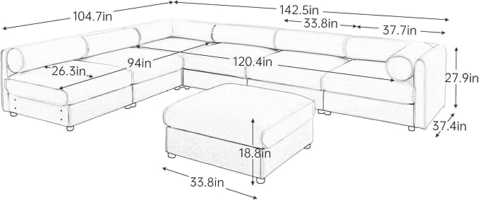 KEIKI 143" Large Modular Chenille Sectional Sofa with Storage Seat, 1 Ottoman, Modern Style 6-Seater Couch with Cylindrical Backrest and 1 Armrests, Easy Assembly, for Apartment, Living Room, White