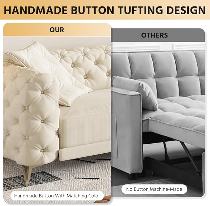 Ball & Cast 3-in-1 Convertible Sleeper Sofa with Movable Ottoman,97.7" Velvet Pull Out Sofa Bed, Modern Button Tufted 4-Seater Sofa Couch with Deep Seat for Living Room, Apartment,Office,Beige