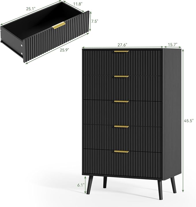 LYNSOM Fluted Dresser and Nightstand Sets 4 Piece, 2-Drawer Nightstands and 5/7 Drawers Dresser, Wood Bedroom Furniture Set for Home, Bedroom, Hallway, Black