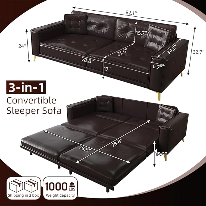 92" 3-in-1 Faux Leather Convertible Sleeper, King Size Pull Out Sofa Bed, 4-Seater Mid Century Modern Tufted Couch with 2 Pillows for Living Room, Apartment, Office (Espresso/Dark Brown) | Leather Sofa Bed, King Pull Out Sofa, Tufted Couch