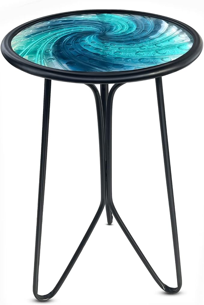 LIFFY Patio Side Table, Small Round End Table, Metal Side Table Outdoor, Small Porch Table for Indoor Balcony Furniture Decor (Blue Glass 12inch) by LiffyArt