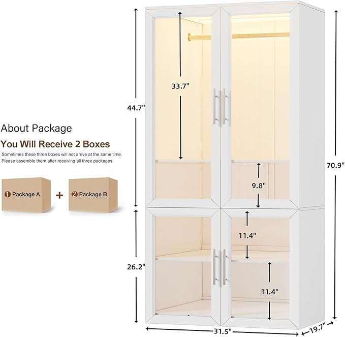 PAKASEPT Armoire Wardrobe Closet Door, Bedroom Closet Wardrobe Cabinet with Hanging Rod, Lighted Freestanding Armoire Storage Cabinet for Bedroom Cloakroom White (White&Full Glass Door)