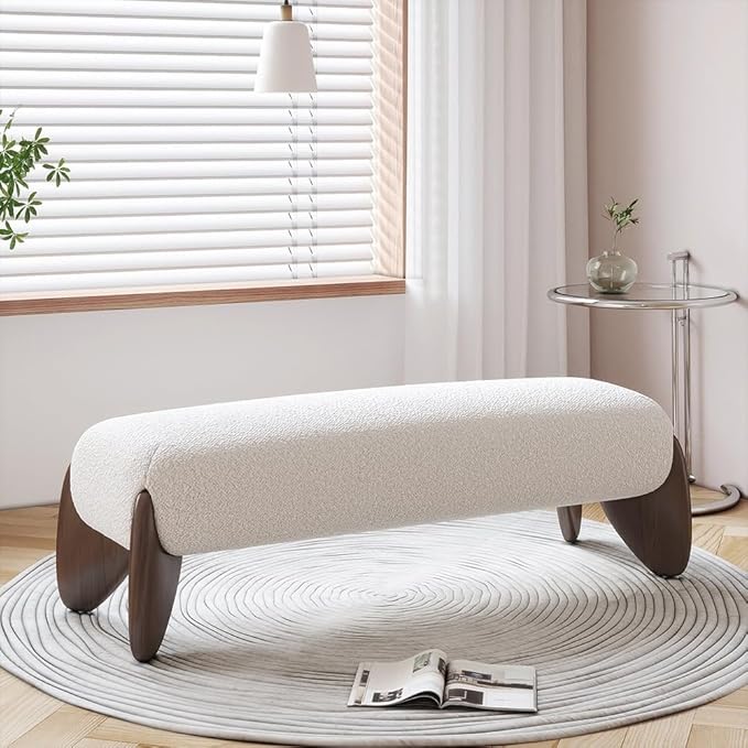 homary Curva Modern White Boucle King Size Platform Bed Set & Bedroom Bench with Solid Rubber Wood Legs, Upholstered Headboard, Comfortable & Stylish for Master Suite or Guest Room