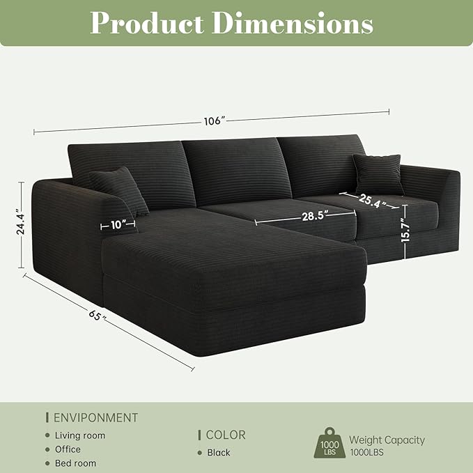 106” Modular Sectional Sofa, Cloud Sectional Couch with Deep Seat, Modern Modular L-Shape Sofa Couch with Chaise,Upholstered Boneless Couches for Living Room Bedroom No Assembly Required
