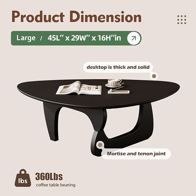 Mid Century Modern Coffee Table - Black Wooden Coffee Table for Living Room,Center Table Suitable for Bedroom Living Room Reception Office Tables (Black, Large 45 * 29 * 16in)