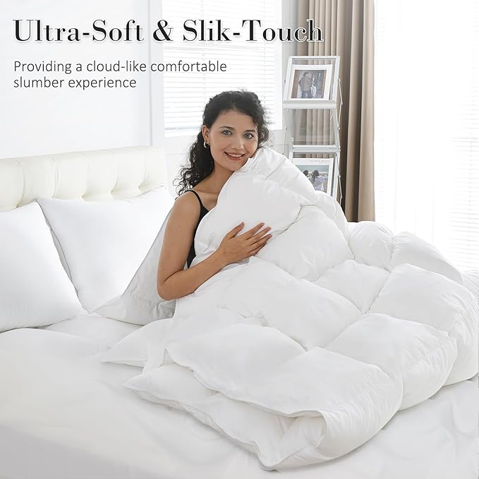 SHOUREN White Luxurious Goose Feather Down Fiber Comforter, All Season Hotel Collection Bed Comforter，Ultra Soft 100% Cotton Duvet Insert with Corner Tabs, Full Size 82"X86"