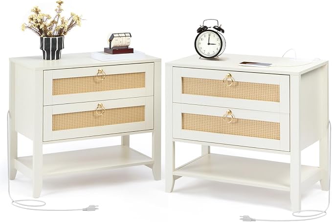 JOMEED White Nightstand with Charging Station, Boho Nightstand Large Rattan Nightstand with Drawers and Open Shelf, Side Table, Bedside Table End Table for Bedroom - Image 9