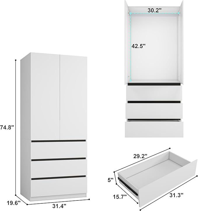 Large Wardrobe Closet with 8 Doors: 75" White Armoire with 12 Drawers, Wooden Wardrobe for Hanging Clothes, Tall Storage Cabinet with Shelves and Hanging Rod (B+B+B+B, 126")