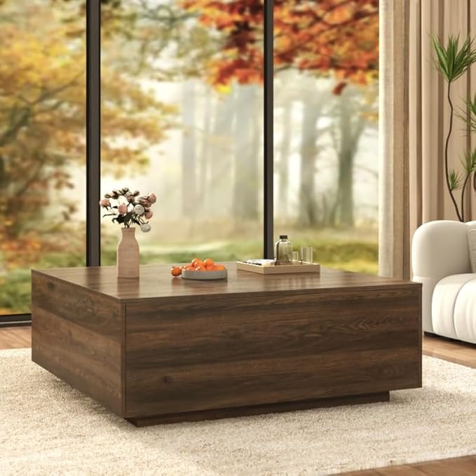 43 Inch Large Square Coffee Table with Storage,Modern Wooden Coffee Tables with 2 Drawers Storage for Living Room,Mid Century Tea Table/Aesthetic Coffee Table Center Table for Home Office(Walnut)