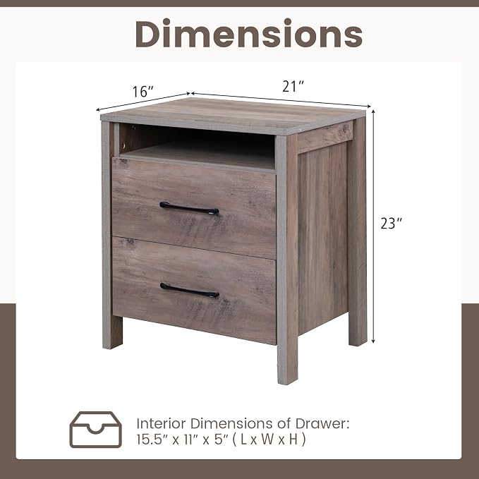 Giantex Farmhouse Nightstand Set of 2, Rustic Wood Bedside Table with 2 Storage Drawers & Open Shelf, Sofa Side Table, Versatile Night Stand for Bedroom, Grey - Image 3