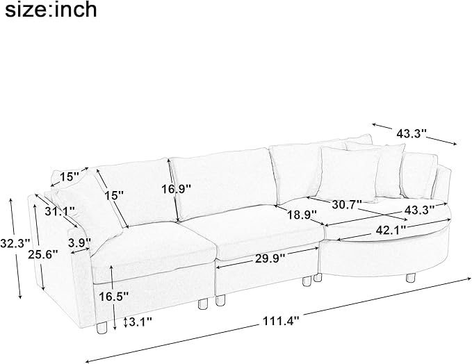 ERYE L-Shaped Right Facing Sectional Sofa Oversized Chenille Upholstered Corner Couch W/Curved Chaise Seat and 3 Toss Pillows, Modern L-Shaped Sofa Couches for Living Room
