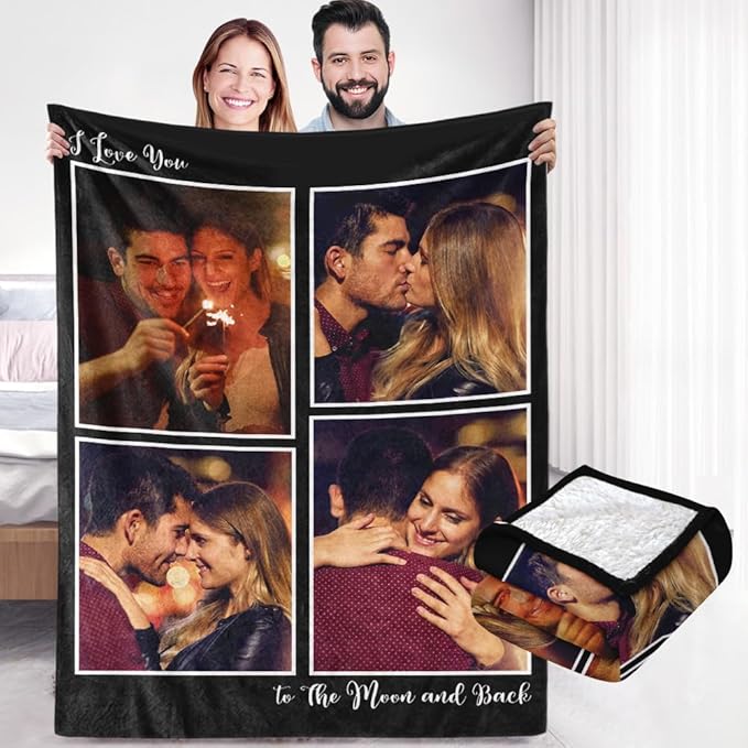 Ships Next Day, Custom Sherpa Fleece Blanket with Photos Text Soft Warm Custom Blanket Personalized Couples Gifts for Boyfriend Girlfriend Customized Picture Blanket Gifts for Christmas Valentines Day