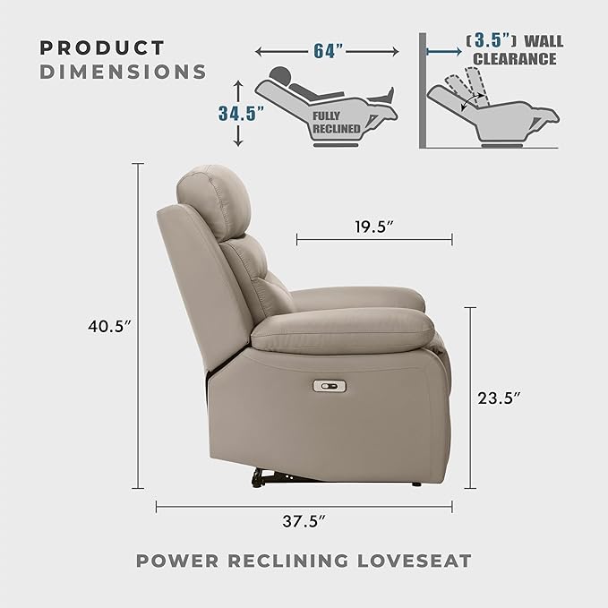Lexicon Recliner Sofa for Living Room, Double Reclining RV Couch, Power Wall Hugger Recliner Home Theater Seating Leather Match Reclining Sofa, with USB Charge Port, 64''W Loveseat, Latte