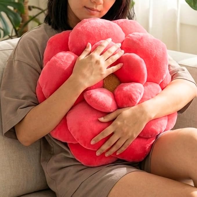 Green Philosophy Co. Camellia Plush Flower Pillow – Large Soft 3D Flower Shaped Throw Pillow, Neon Coral Decorative Pillow for Couch & Bed, for Plant Lovers