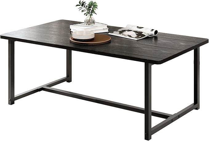 Coffee Table Living Room, Modern Center Table Rectangular, Industrial Furniture, Sofa End Tables/Tea Table/Table Basse De Salon with Metal Black Frame Black Top