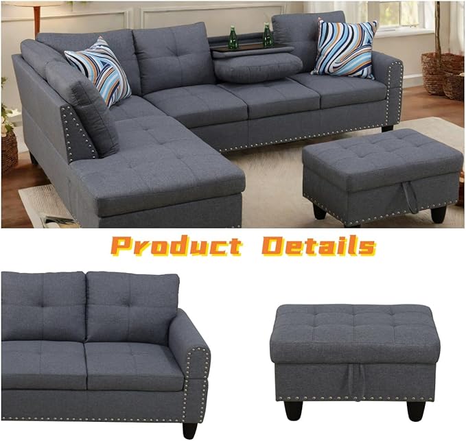 FONTOI L Shaped Sectional Couch with Otttoman, 97" Leather Sectional Sofa for Living Room Modular Couches with Cup Holders for Bedroom, Apartments, Grey