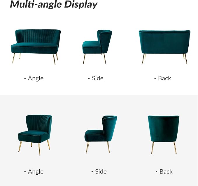 HULALA Home 3 Piece Velvet Living Room Furniture Set, Modern Comfy Upholstered Chair Set with Golden Legs, Include Loveseat & 2 Accent Chairs for Bedroom, Teal Tufted 2-Seater Sofa & Armless Chairs