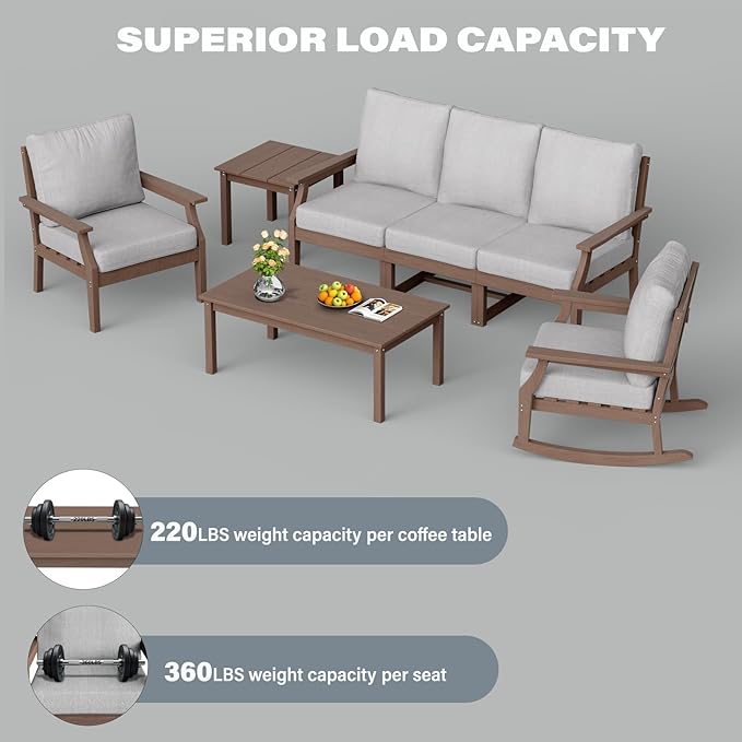 HDPE Patio Conversation Set, 7-Piece All Weather Outdoor Furniture Set with 1 Single Rocking Armchairs for Deck, Lawn, with Cushion, Brown