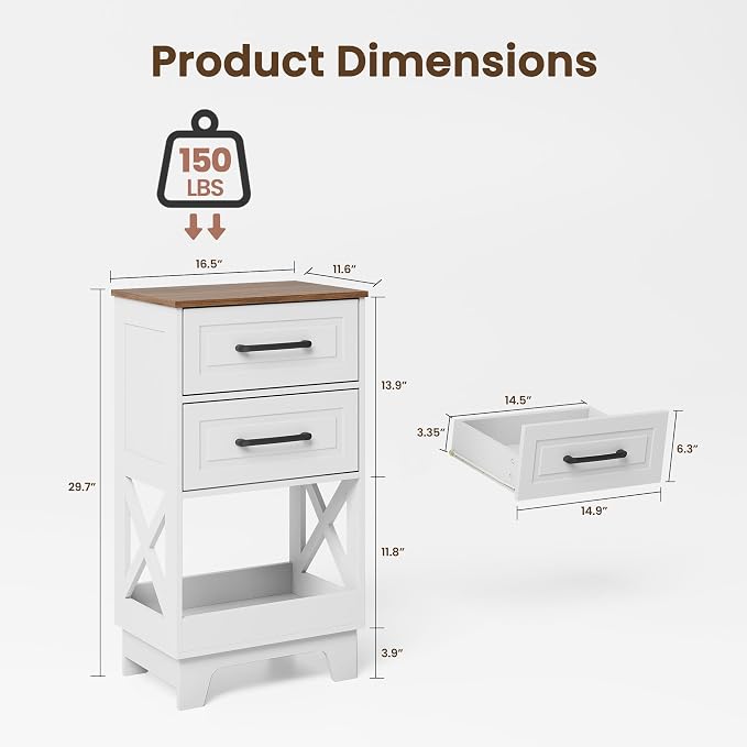 Tall Nightstand Set of 2 Side Table Modern Night Stand with 2 Drawers Wooden Rustic End Table Bedside Table with Upper Open Shelf Solid Feet for Bedroom White+Walnut - Image 3