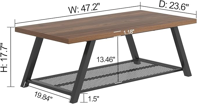 FOLUBAN Modern Coffee Tables for Lliving Room, Retro Wood and Metal Coffee Table with Storage, 2-Tier Industrial Rectangle Cocktail Tea Table, Walnut, 47 Inch