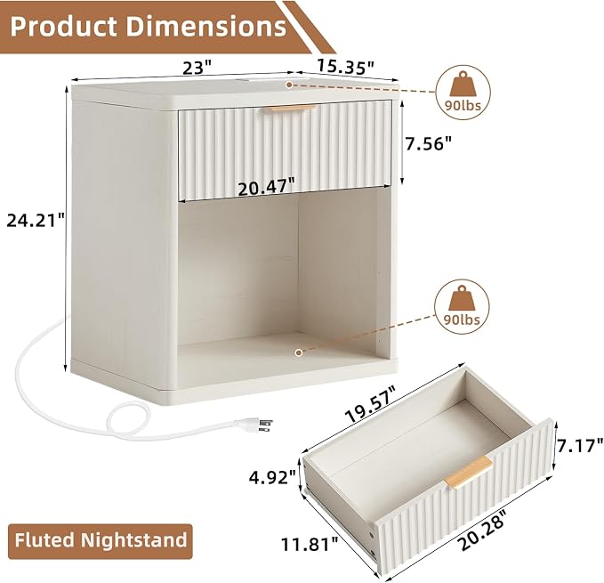 LEYAOYAO Fluted Nightstand with Charging Station, 23" Wide 1 Drawers End Table,White Night Stand with Open Storage Cabinet, Farmhouse Bed Side Tables, Wood Dresser for Bedroom, Living Room, Closet - Image 2