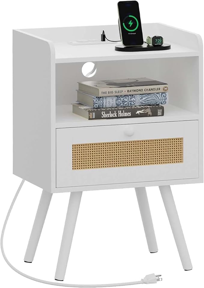 SUPERJARE Nightstand with Charging Station & Rattan-Like Decor Drawer, Rattan End Table with Solid Wood Feet, Bed Side Table with Open Storage, for Bedroom, Living Room, Dormitory - White by SUPERJARE