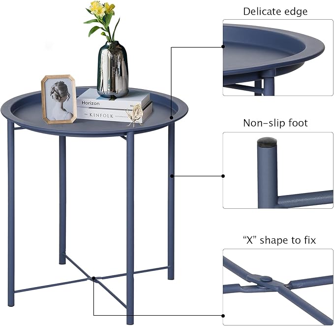VECELO Side/End Table, Folding Round Metal Anti-Rust and Waterproof Outdoor or Indoor Tray for Living Room Bedroom Balcony and Office, 2 PCS, Blue - Image 7