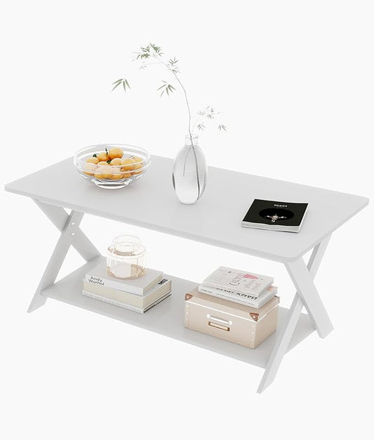 Modern Coffee Table with Storage Shelf, Simple Rectangular Tea Tables for Living Room Bedroom Home Office White