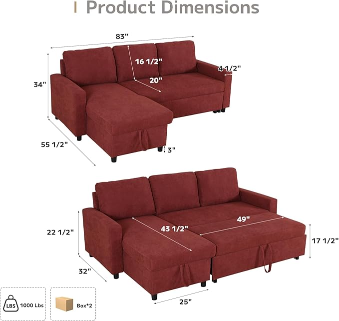 L-Shaped Sleeper Sofa with Chaise Lounge & Storage, Pull-Out Couch Bed with Recliner, Full Size Futon for Living Room, Office, Apartment Red