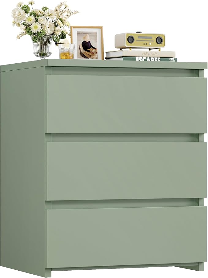 FOTOSOK Nightstand with 3 Drawers, Bedside Table Night Stand for Bedroom with Cut-Out Handle, Sofa Side Table 3 Drawer Nightstand for Bedroom, 17.7W*15D*21.7H, Green by FOTOSOK