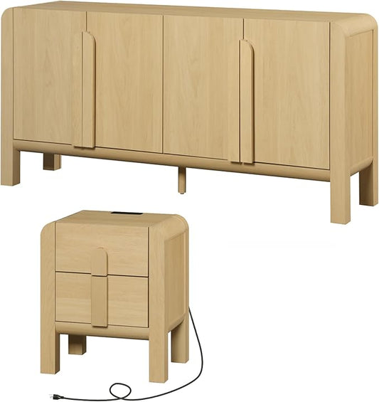 WAMPAT 2 Piece Bedroom Set, Modern 63" Wide Dresser Cabinet and Nightstand Set with Charging Station,Wood Storage Closet Chest with Curved Profile Handles for Bedroom,Oak