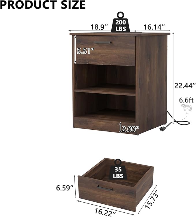 Night Stand with Charger Station, Modern Nightstand with USB Type-C Ports and AC Outlets, Large Bedside Table with Drawer and Open Storage, Wooden End Table for Bedroom (Brown, 1 Drawer) - Image 2