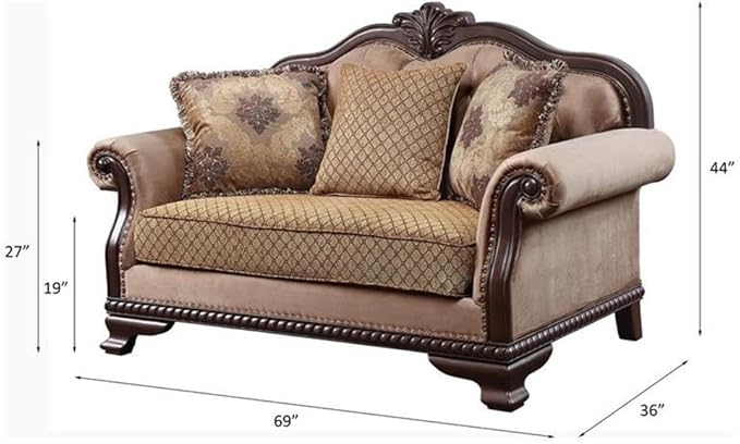 Acme Chateau De Ville Fabric Loveseat with 3 Pillows in Beige and Espresso