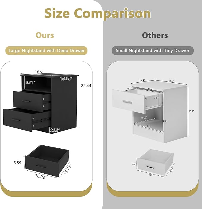 Black Nightstand Set of 2 with Charging Station,Modern Night Stand with 2 Drawers and Open Shelf,Bedisde Table with Storage for Bedroom, End Side Table for Living Room - Image 2