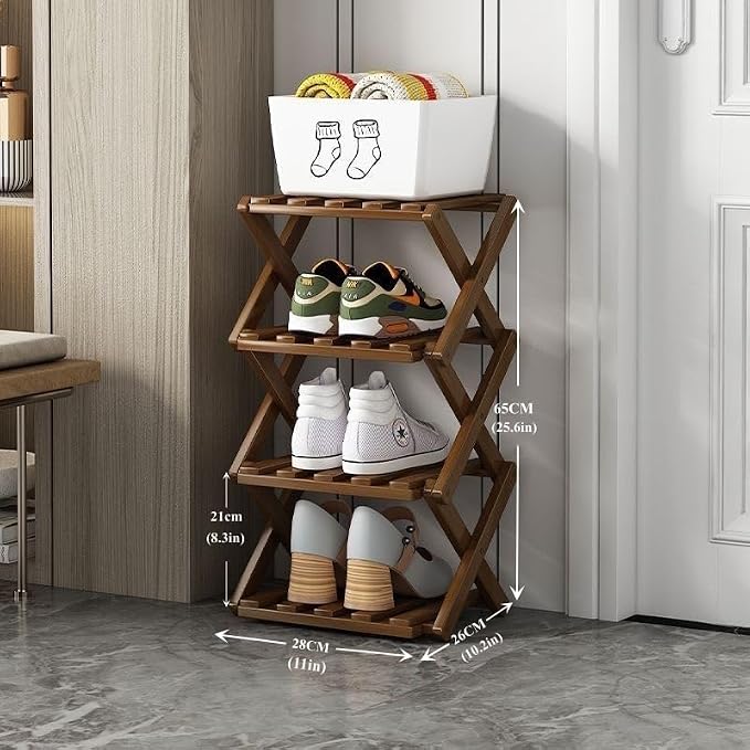 Foldable Shoe Rack, Bamboo Vertical Shoe Organizer Tall for Small Spaces. Multifunctional Narrow Shoe Shelf for Entryway, Closet, Corner, Bedroom, Hallway, Brown Color 4 Layers - Image 2
