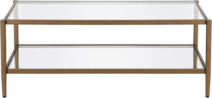 Henn&Hart 45" Wide Rectangular Coffee Table with Glass Shelf in Antique Brass, Coffee Table coffee tables for living room, studio apartment essentials