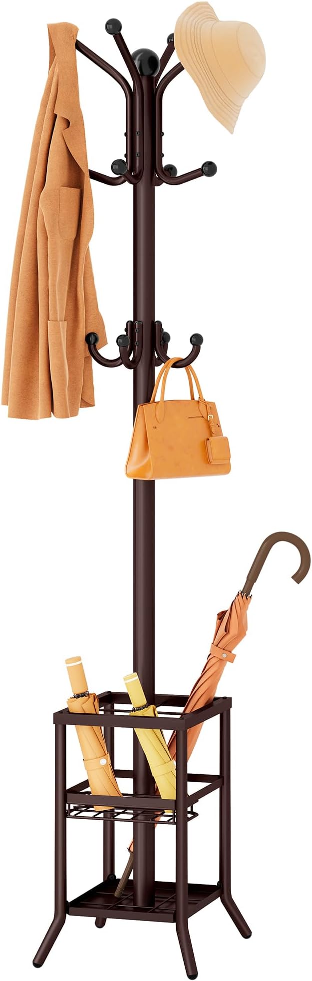 FAVOOSTY Coat Rack Freestanding,Coat Rack Stand with Umbrella Holder,Metal Coat Tree with 12 Hooks,Tree Clothes Hat for Entryway, Hallway, Bedroom, Living Room & Office -Brown by FAVOOSTY