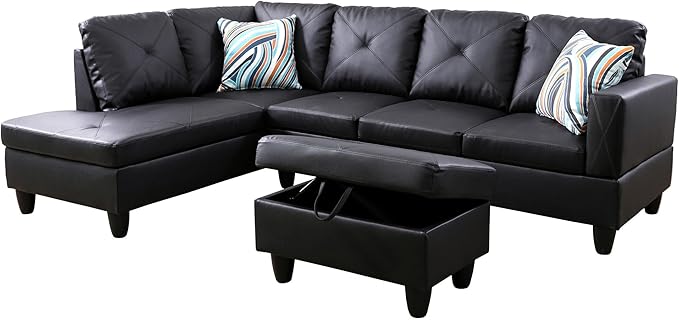 FONTOI L Shaped Sectional Couch with Otttoman, 97" Leather Sectional Sofa for Living Room Modular Couches with Cup Holders for Bedroom, Apartments, Black