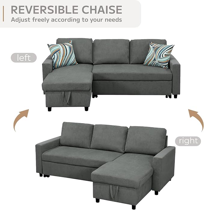 L-Shaped Sleeper Sofa with Chaise Lounge & Storage, Pull-Out Couch Bed with Recliner, Full Size Futon for Living Room, Office, Apartment Dark Grey