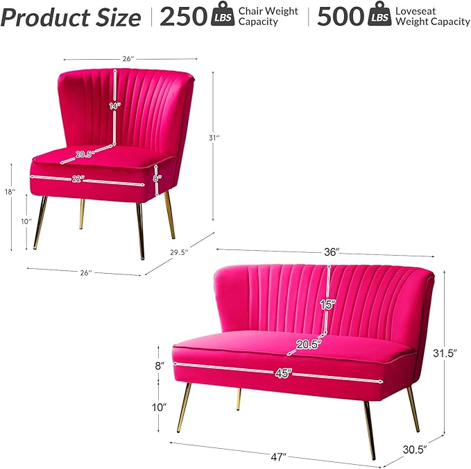 HULALA HOME 3 Piece Velvet Living Room Furniture Set, Modern Comfy Upholstered Chair Set with Golden Legs, include Loveseat & 2 Accent Chairs for Bedroom, FUCHSIA Tufted 2-Seater Sofa & Armless Chairs