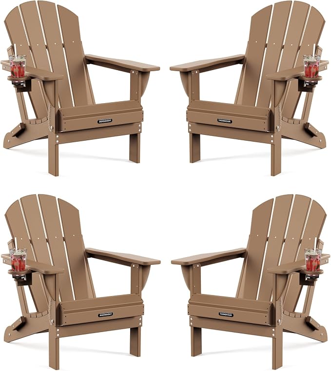 MUCHENGHY Folding Adirondack Chairs 4 Pack, Patio Chairs, Lawn Chairs, Outdoor Chairs, Adirondack Chair Plastic, Fire Pit Chairs, Weather Resistant with Cup Holder for Deck, Backyard, Garden(Teak) by MUCHENGHY
